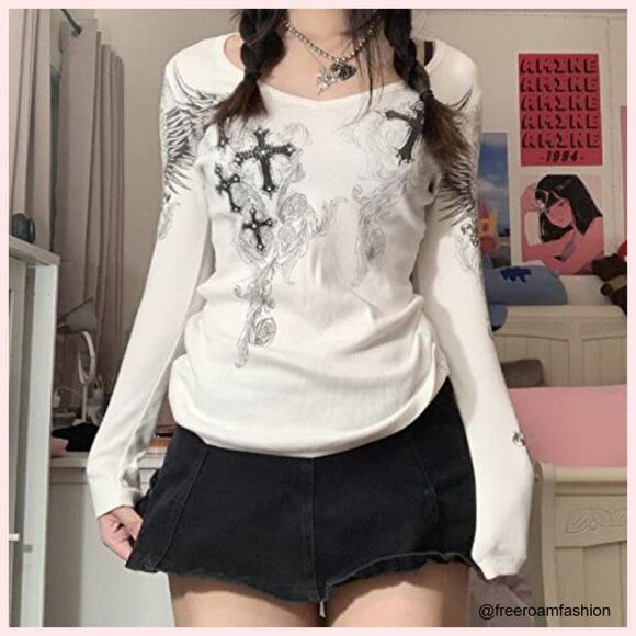 Long Sleeve Crop Top Fairy Grunge Graphic Tee Y2K Vintage Ribbed - Picture 5 of 5